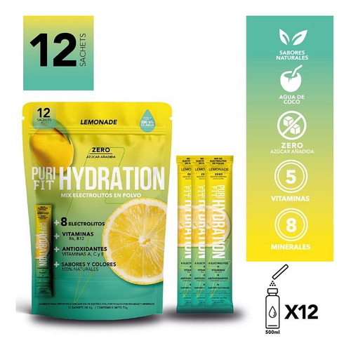 Bebida Hidratación En Polvo Purihydra + Vitaminas Limón -12u