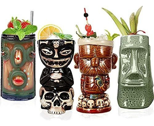 Conjunto De 4 Copas Tiki De Cerámica, Exóticas Y Divertidas