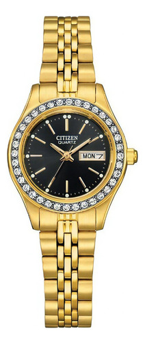 Reloj Citizen Original Para Dama Eq0532-55e Color De La Correa Dorado Color Del Bisel Dorado Color Del Fondo Negro