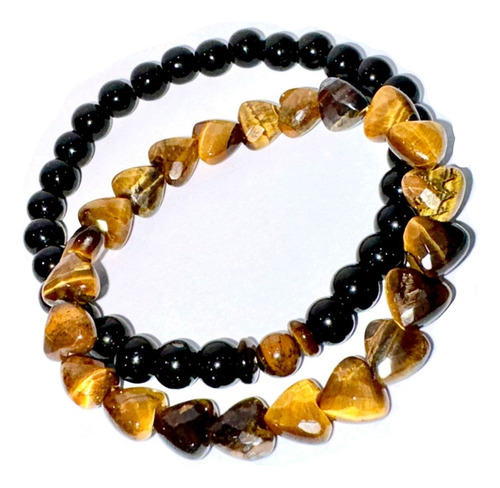 Kit 2 Pulseiras Onix E Olho De Tigre Coração Sextavado