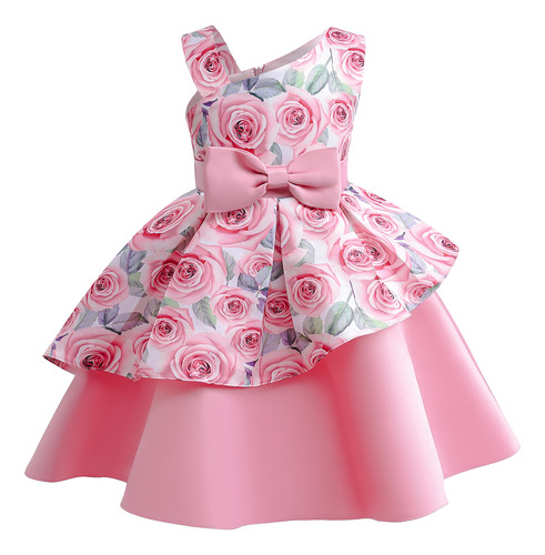 Vestido Infantil Con Estampado De Flores Rosas Y Hombros Inc