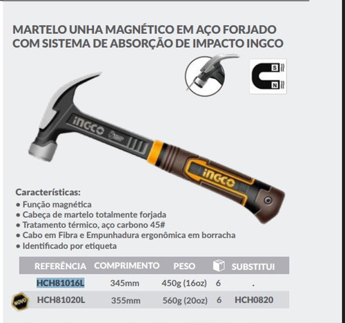 Martelo Unha Ingco Antivibracao Com Cabo Fibra - Hch81016l