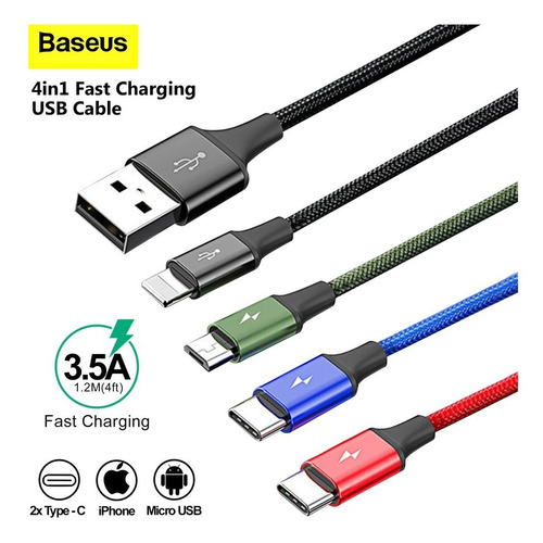 Imagen 2 de 7 de Cable 4 En 1 Baseus 1 Para iPhone 2 Tipo C 1 Microusb 3.5a