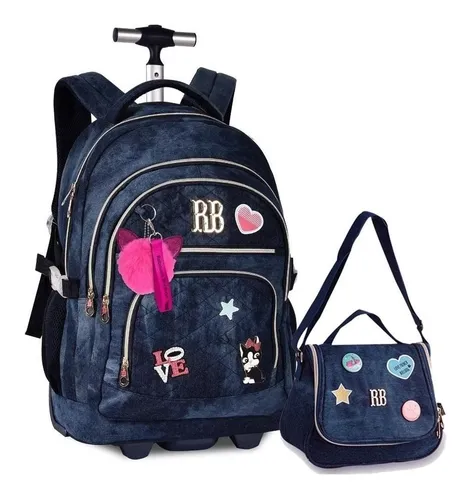 Mochila rodinhas jeans azul store juvenil rebecca bonbon star