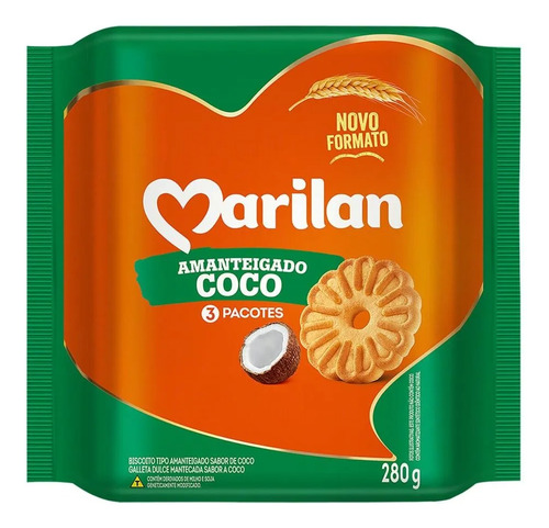 Kit C/7 Biscoito Amanteigado Coco Marilan 280g