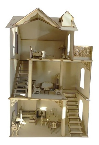 Imagen 1 de 10 de Casa De Muñecas California + Kit 23 Muebles Madera Mdf