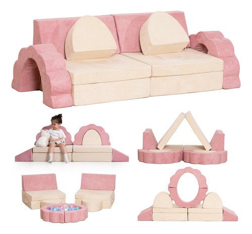 Annualring Sofá Infantil De 10 Piezas Sofá Modular Plegable Beige Y Rosa