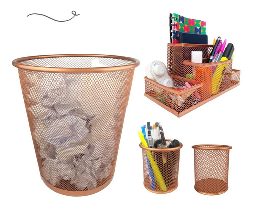 Kit Organizador, Porta Caneta E Lixeira Rose Gold Escritório