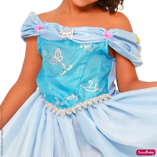 Fantasia Cinderela Borboletas Vestido Princesa Azul Luxuoso