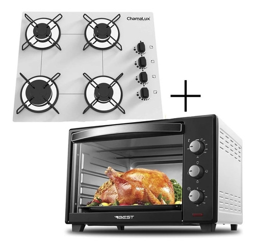 Fogão Cooktop 4 Bocas Branco + Forno De Eletrico 60 Litros