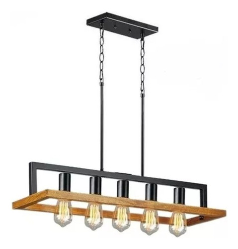 Colgante Industrial Madera Hierro Negro 115 Woody 5 Luces 