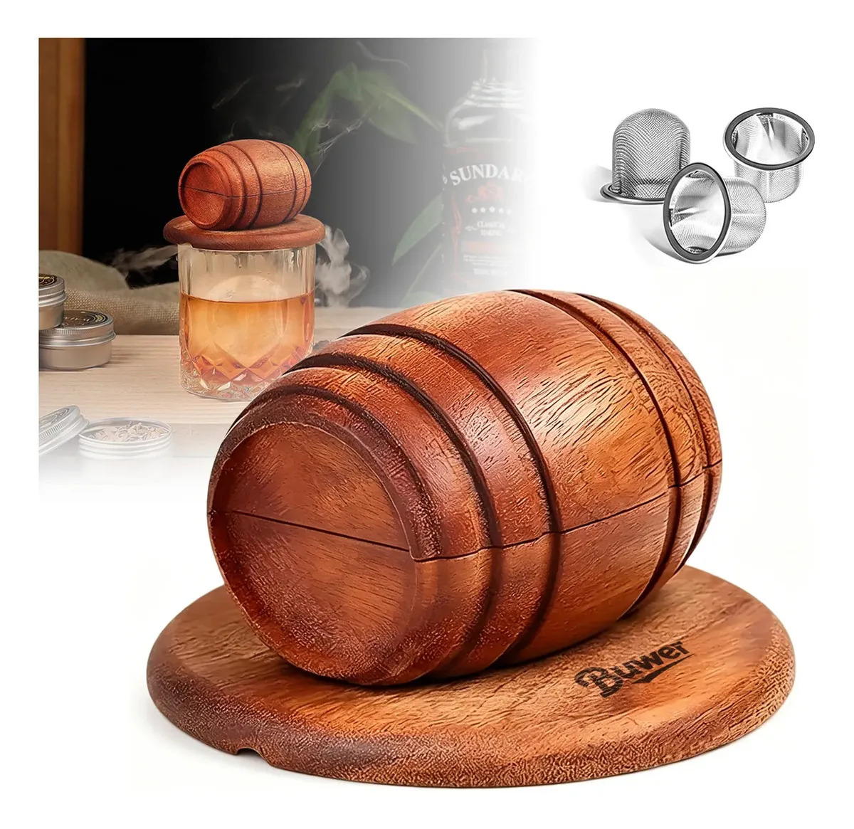 Defumador De Madeira Para Whisky Café Drinks E Coquetel - Acessório Avulso Em Madeira Sapele Material Para Copos - Tampa Defumadora Portátil Para Bar E Cafeteria