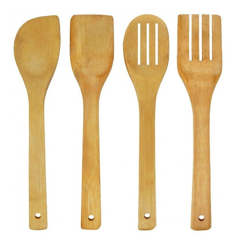 Set 4 Utensilios Mango Punta Madera Bambu Cocina Oferta