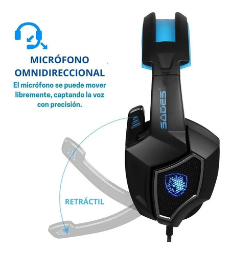 Imagen 6 de 8 de Auriculares Gamer Sades Wolf Spirit Black And Blue