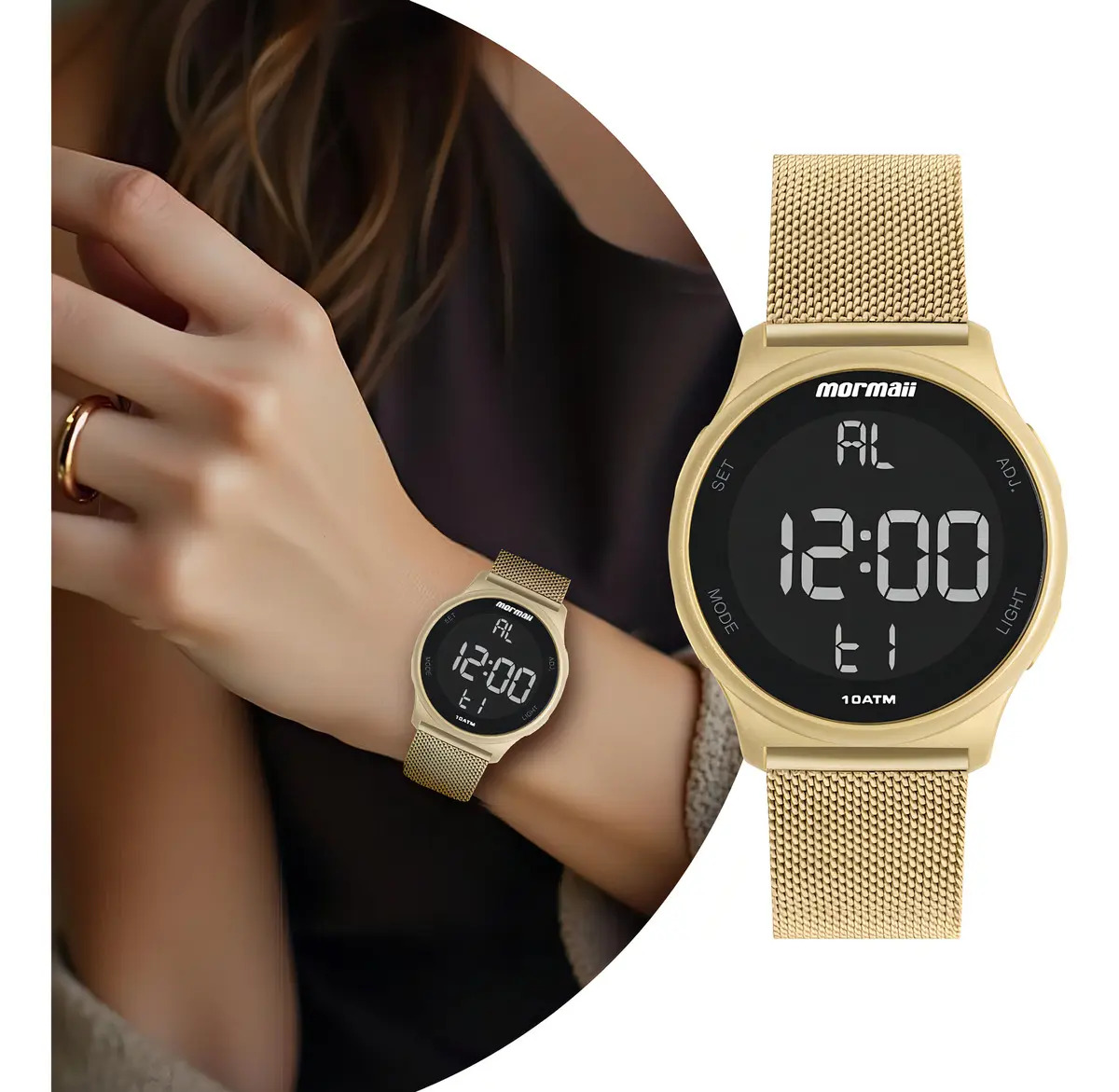 Relógio Feminino Digital Dourado de Pulso com Pulseira de Aço Inoxidável a Prova D' Água Redondo Casual Luxo Elegante Fashion Cronômetro Alarme Calendário e Iluminação Noturna Mormaii MO7700A/8D