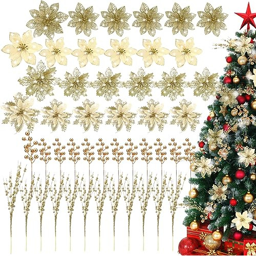 48 Piezas De 4 Estilos De Flores Artificiales De Navidad Con