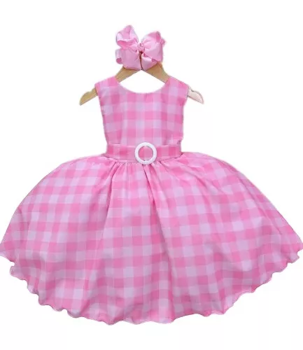 Vestido da Barbie infantil oficial filme rosa xadrez Tam 04 ao 12