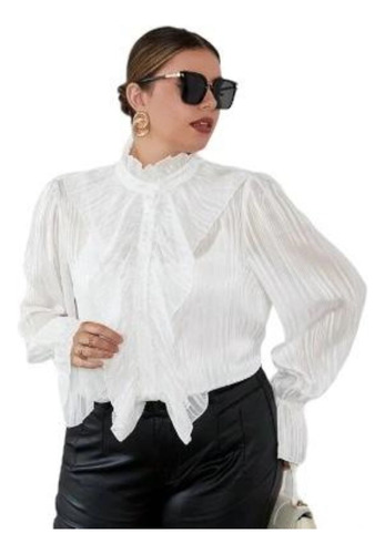 Blusa Blanca Ribete Con Fruncido De Manga Amplia