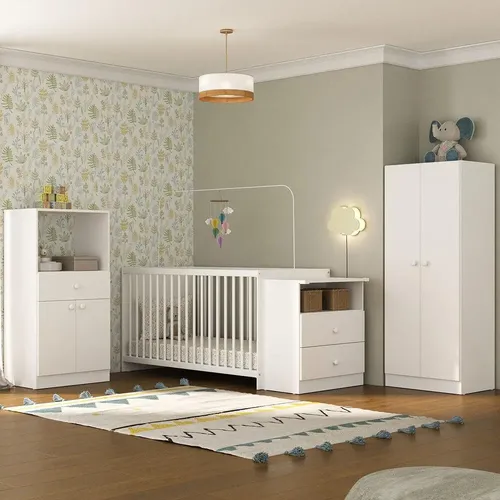 Quarto de Bebê Infantil com Armário Berço-Cômoda e Colchão Incluso Olívia Multim