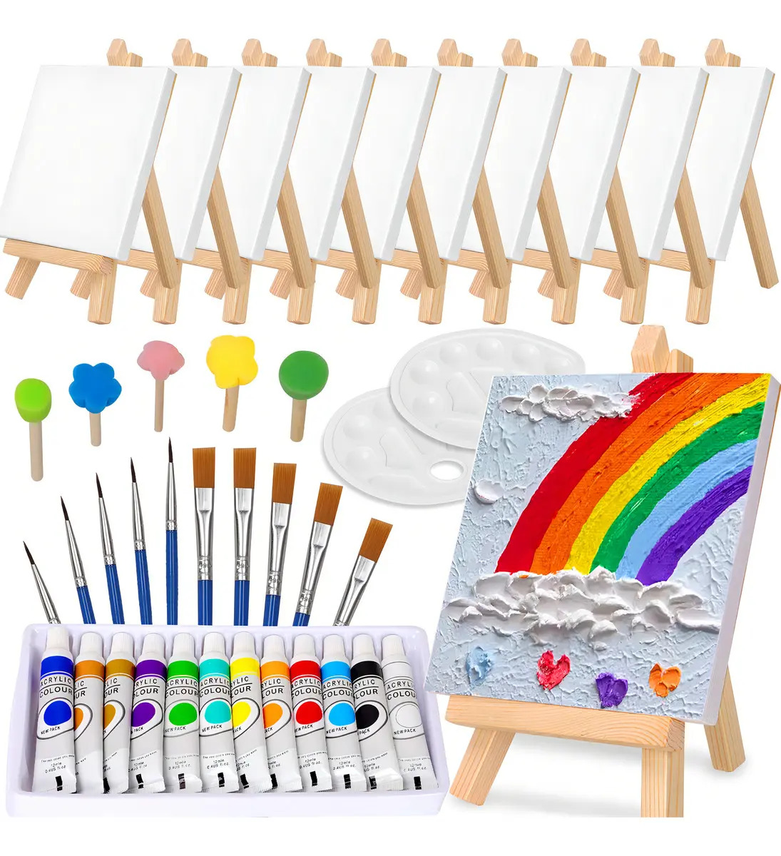 39pcs Mini Lienzos Caballete Madera Con Pinturas Acrílicas Color Blanco