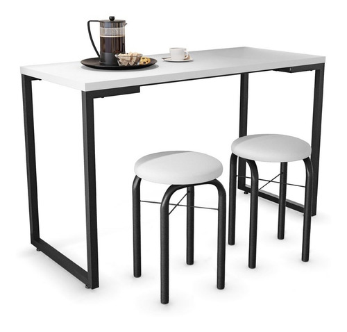 Conjunto Mesa Cozinha Prattica Industrial 120cm C/ 2 Bancos Cor da tampa Branco Cor dos pés Preto