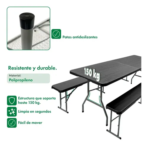Mesa Plegable Picnic 180cm + 2 Bancos Plegables Garden Life Negro