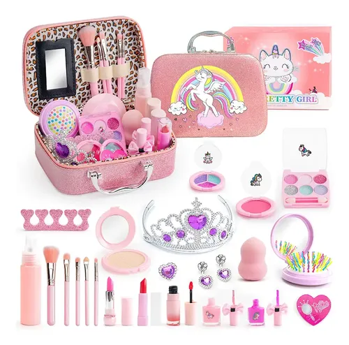 AnJeey Set De Maquillaje De Juguete – Maletín De Princesa Con Accesorios De Peluquería, Joyas, Cepillos Y Barras De Labios, Ideal Para Niñas De 2 A 6 Años