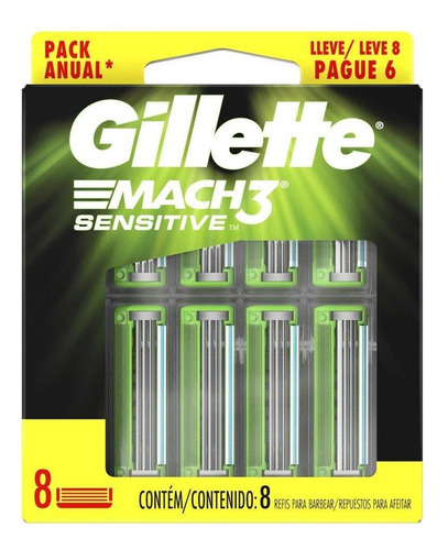 Gillette Mach3 Sensitive Carga De Barbeador 8 Unidades