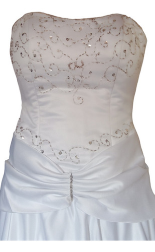 Vestido De Novia Blanco Tipo Corset Con Cola, Velo Y Guantes