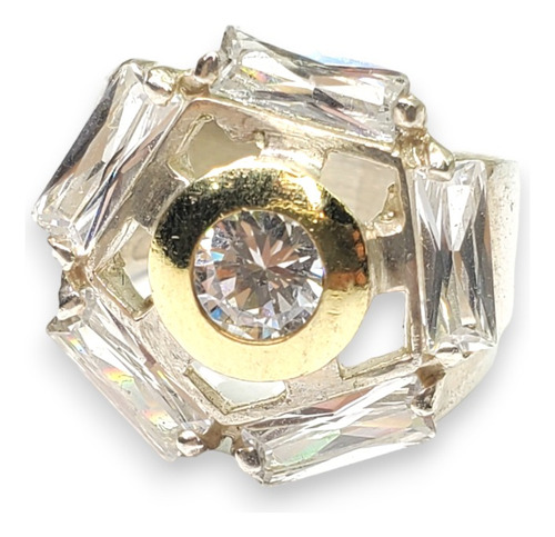 Anillo Plata Y Oro Baguette En Exagono Cubic