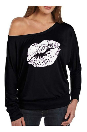 Playera Con Estampado De Labios Y Hombros Descubiertos Y Cu