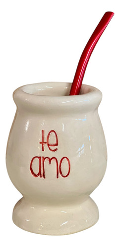 Mate De Cerámica Artesanal Criollo Con Frases Y Bombilla Beige Te Amo