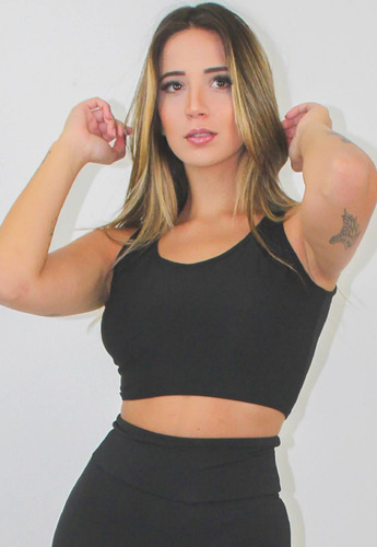 Top Fitness Feminino Preto Cropped 