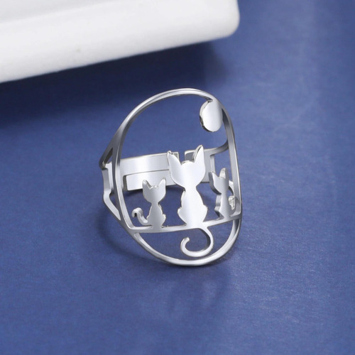 Imagen 6 de 8 de Anillo Gato Sentado Mujer Ajustable Acero Plata Minimalista