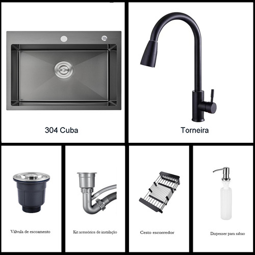 Cuba Gourmet E Extensível Torneira Gourmet 60x45 Cm Com Kit Completa Acessórios Inoxidável 304 Preto Yesop