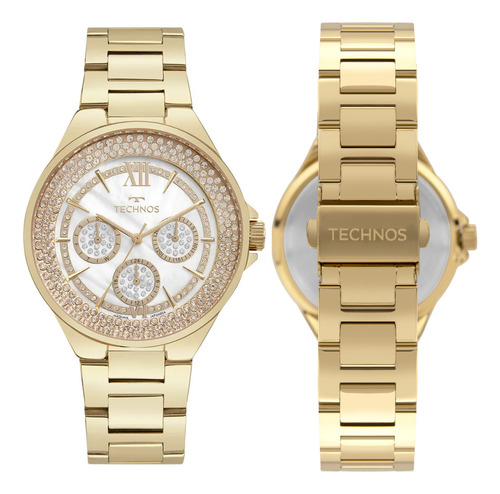 Relogio Technos Feminino Dourado Multifunção Cravejado Stras 6P29ALQ/1D
