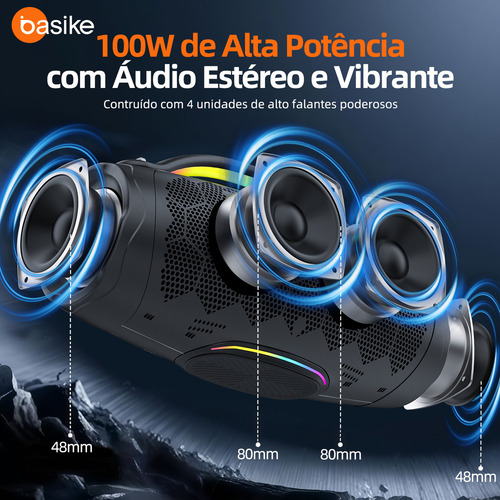 Caixa De Som 100w Portátil Bluetooth Ipx6 Tws Com Rgb, Caixa De Som Bluetooth Sem Fio Com Som Estéreo Hd 10000mah, Reprodução Viva-voz, Subwoofer Com Porta Aux/tf/usb/microfone De 3,5 Mm,preto