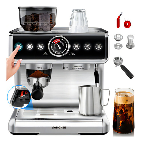 Cafeteira expresso com batedor de leite e moedor de café, para café expresso e cappuccino com leite, reservatório de água removível de 2,8 L, 20 bar, 1450 W
