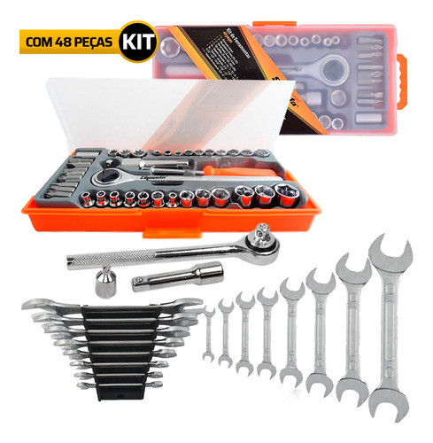 Kit Jogo De Ferramentas 46 Pçs C/ Chave Fixa E Soquetes