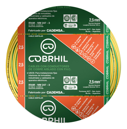 Cable Unipolar Normalizado Cobrhil 2.5 Mm Rollo 50 Mts Cubierta Verde/amarillo