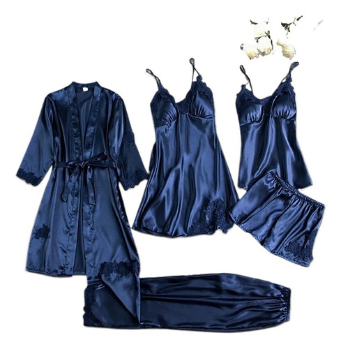 Conjunto De Pijama De Satén Y Encaje Para Mujer, Bata De Sed