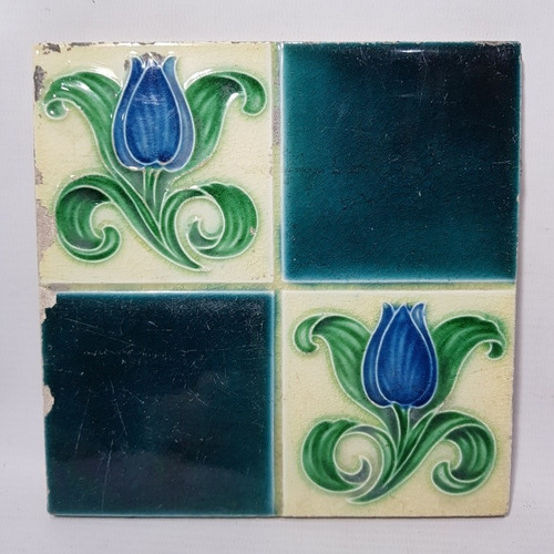 Antigua Mayólica En Relieve Tulipán Azul Flor 7735