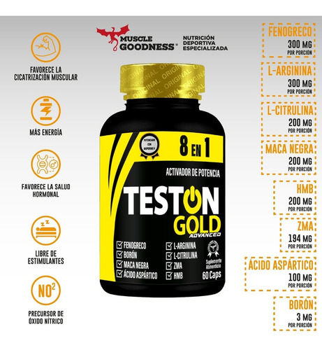 Muscle Goodness | Teston Gold Advanced 8 En 1 | 60 Caps Sabor Sin Sabor