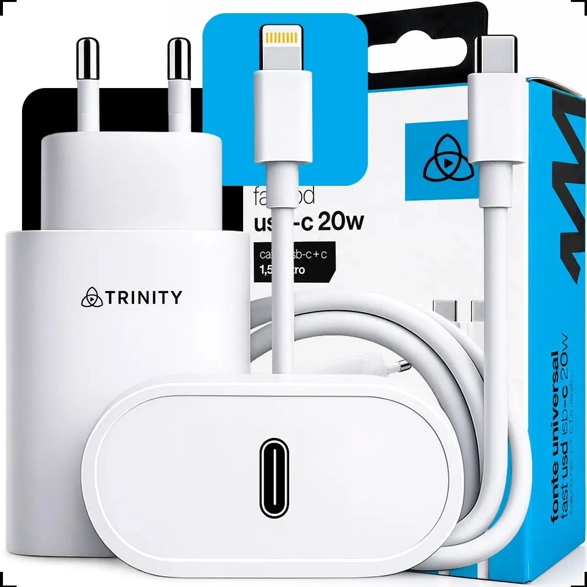 Carregador Turbo 20W TRINITY para iPhone 8 Plus X XR XS 11 12 13 14 Pro Max Fast Charge com Cabo Lightnin 1,5m Fonte Carregador Rápido USB-C Compatível Apple Carregamento Seguro Bivolt Cabo Reforçado