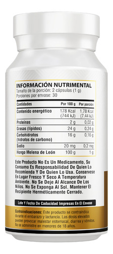 Hongo Melena De León Extracto | 60 Cápsulas | Adaptogenos Sabor Sin Sabor