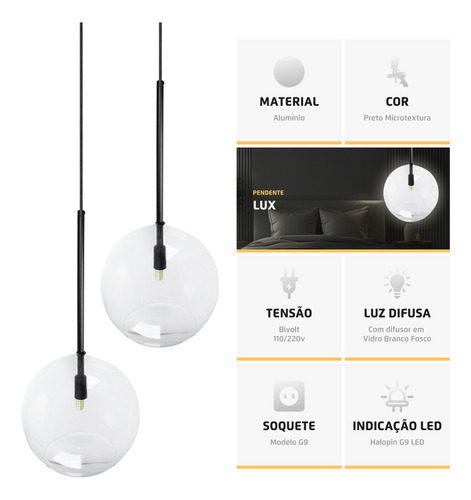 Kit 4 Pendente Lux Preto Globo Vidro Cristal 25cm + Led