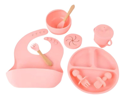 Kit 8 Introdução Alimentar Silicone Talheres De Bebê Prato B Cor Rosa