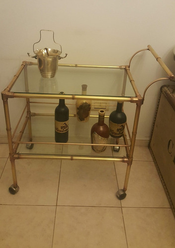 Antigua Mesa Carro Bar Auxiliar Bronce Doble Plano Vidrio (Usado)
