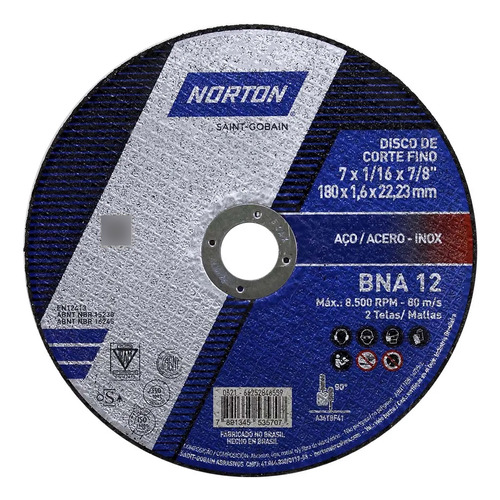 Disco Corte Fino 7  Inox 2 Telas Furo 7/8 Bna12 Norton 25uns