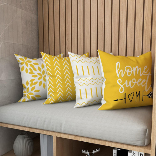 4Pcs Fundas de Cojín De 45x45cm Funda de Almohada de Sofá Moderno Geométricas Impresión de Doble Cara Color Amarillo